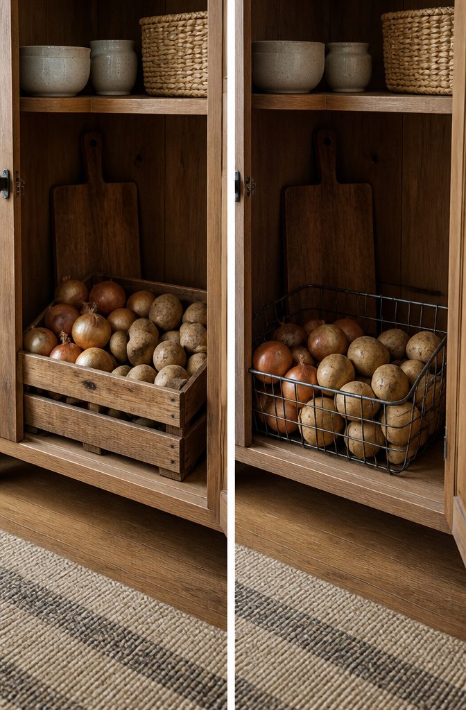 Low pantry shelf showing a mesh basket for storing vegetables.