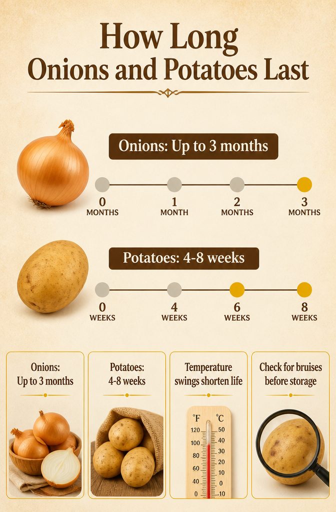 Information image detailing the longevity of onions and potatoes.