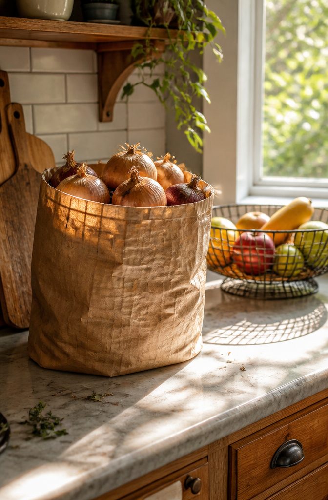 Brown paper bag filled with onions on a kitchen counter.