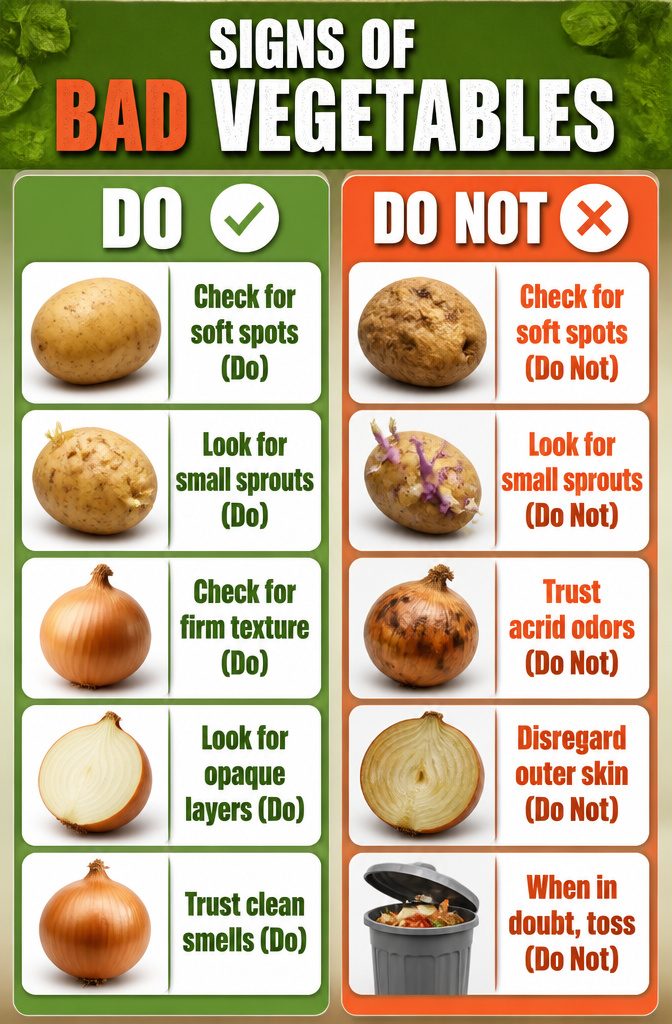 Visual indicators of bad potatoes and onions on a kitchen table.