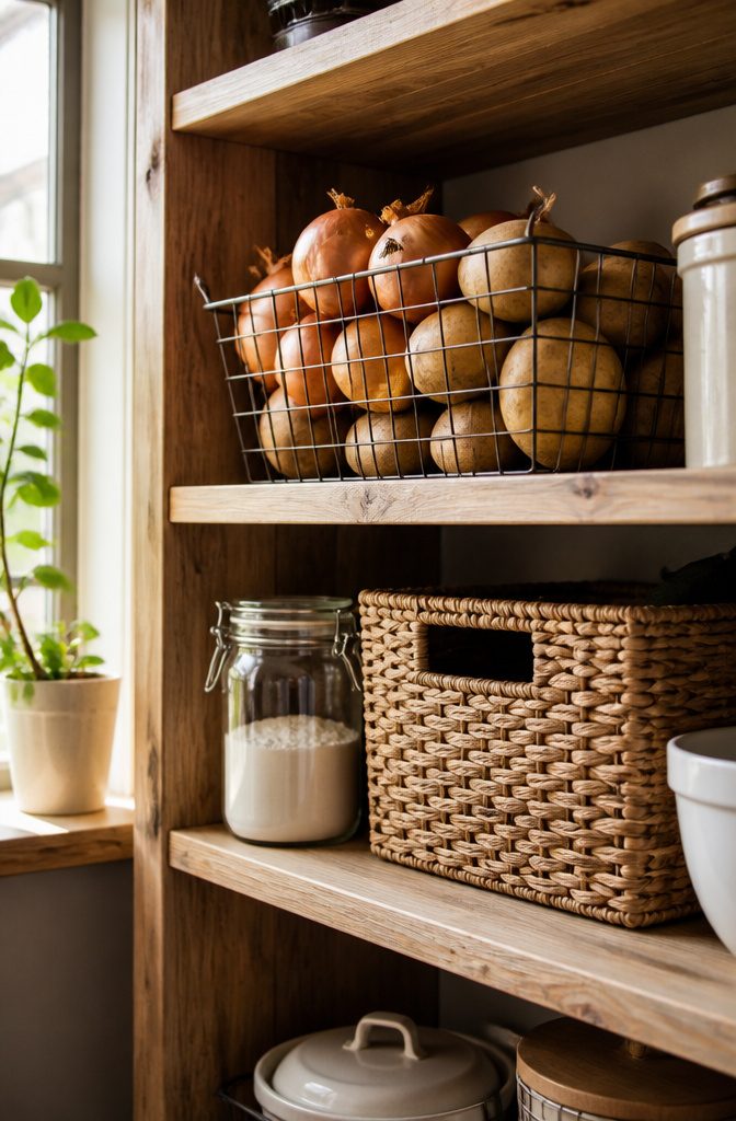 Wire basket filled with onions and potatoes on wooden pantry shelves.