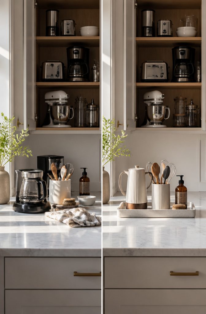 A clean kitchen countertop with limited items and a tray.