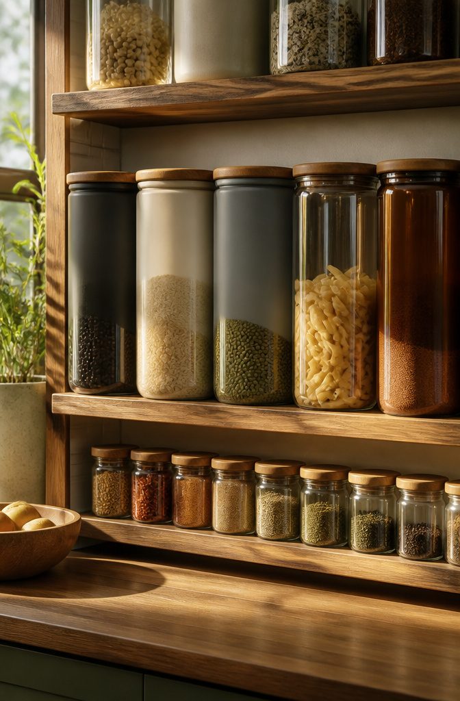 A label maker with labeled containers on a countertop.