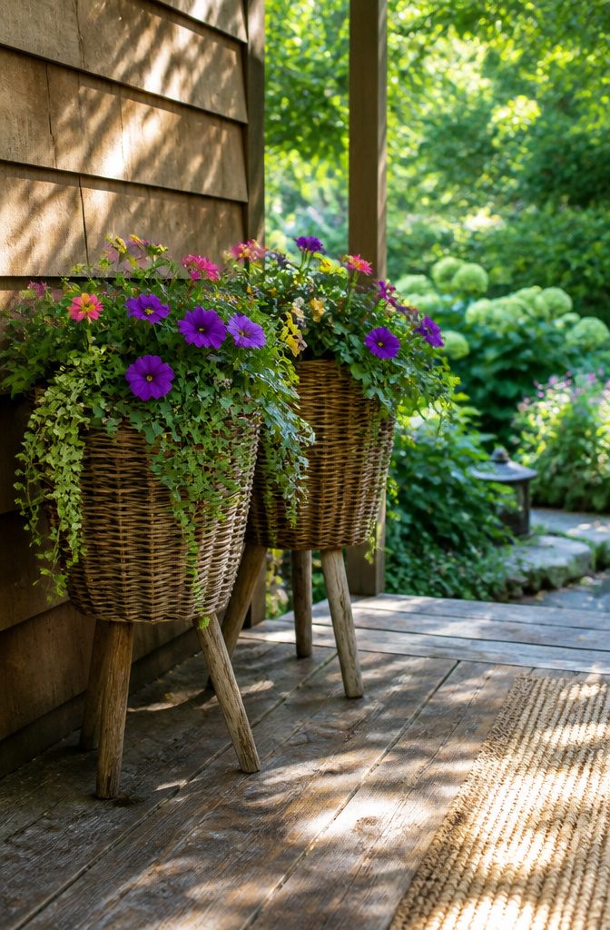 Two standing basket planters filled with colorful flowers on a patio.