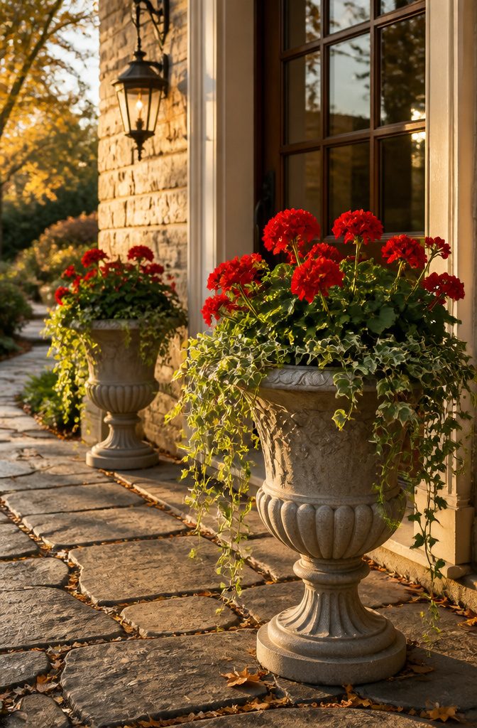 Recycled resin urn planters positioned decoratively on a porch.