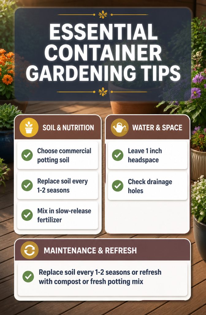 Information image outlining essential container gardening tips.