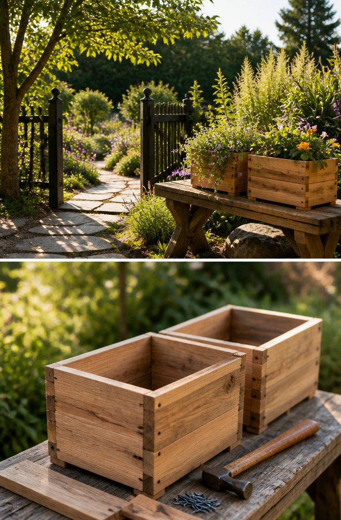 Monogrammed wooden planters with initials displayed outdoors.