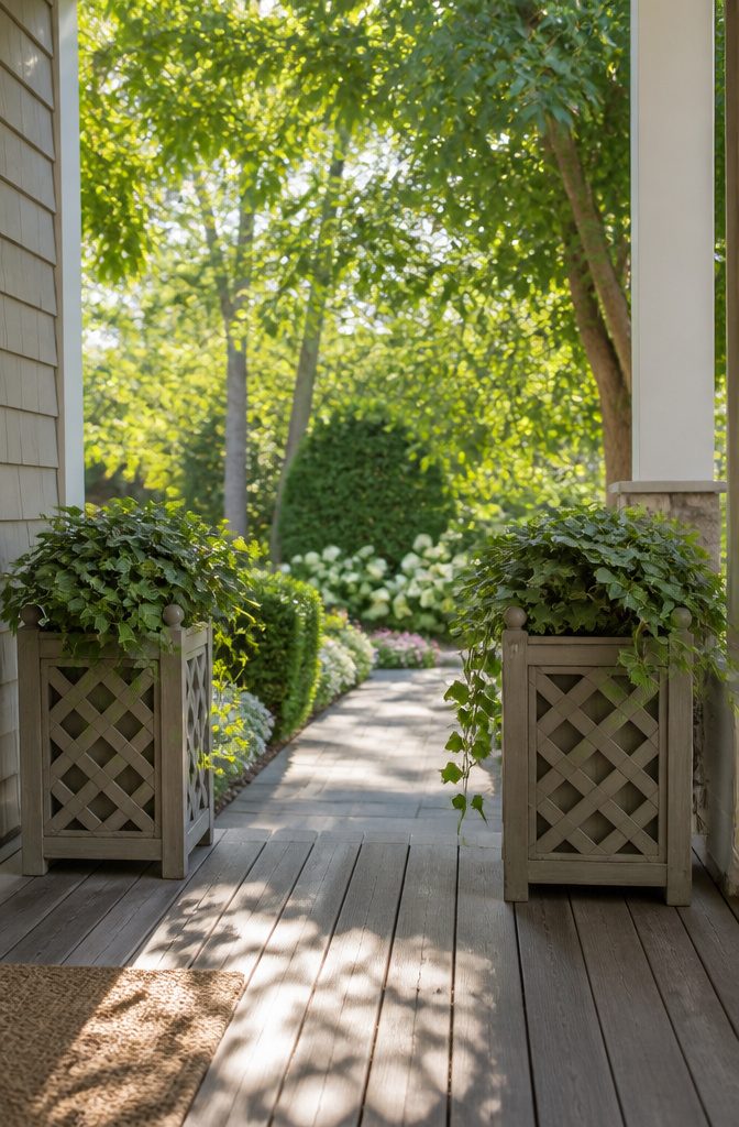 Two lattice design planters filled with ivy at a porch entrance.