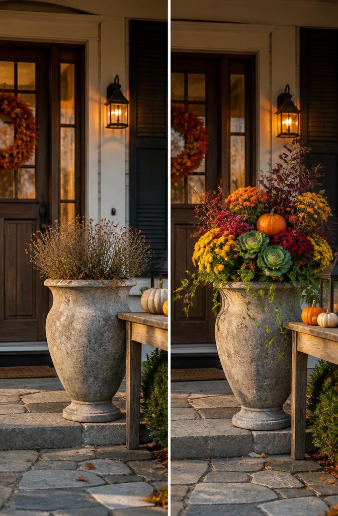 Large urns flanking a front door filled with seasonal plants.