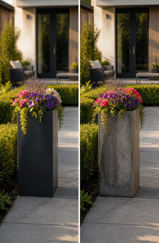 Two identical metal planters positioned at a doorway.