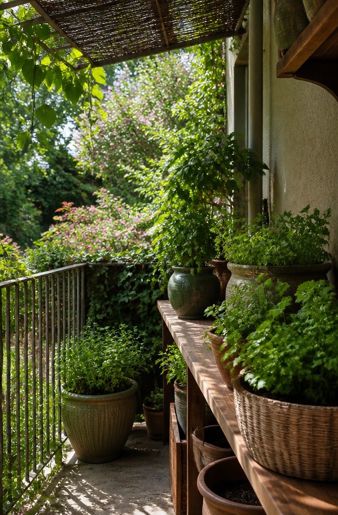 Containers filled with shade-loving herbs on a balcony.