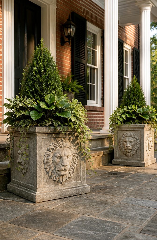 Square lion's head planters filled with greenery at a colonial home.