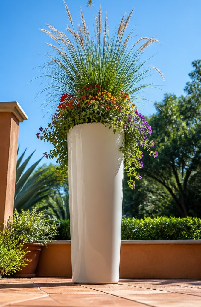 Tall column planters with visible adjustable false bottoms.