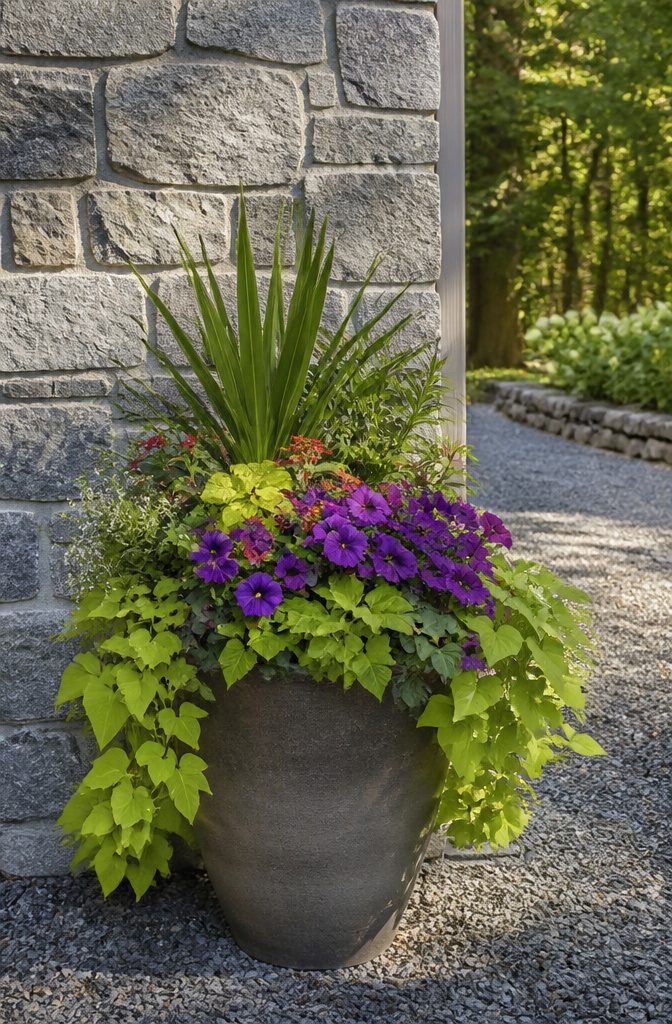 Planter filled with tall green plants, mid-height flowers, and trailing vines.