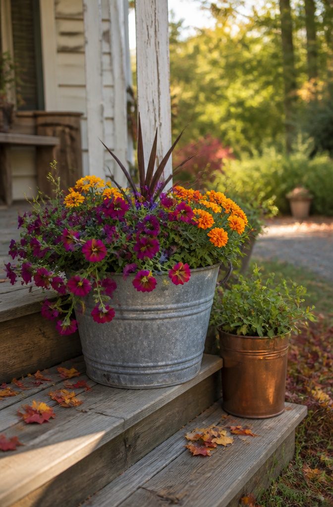 Galvanized bucket filled with colorful flowers on a wooden porch step.
