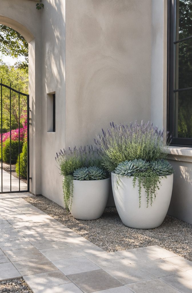 White stone planters positioned with plants in a sunny area.