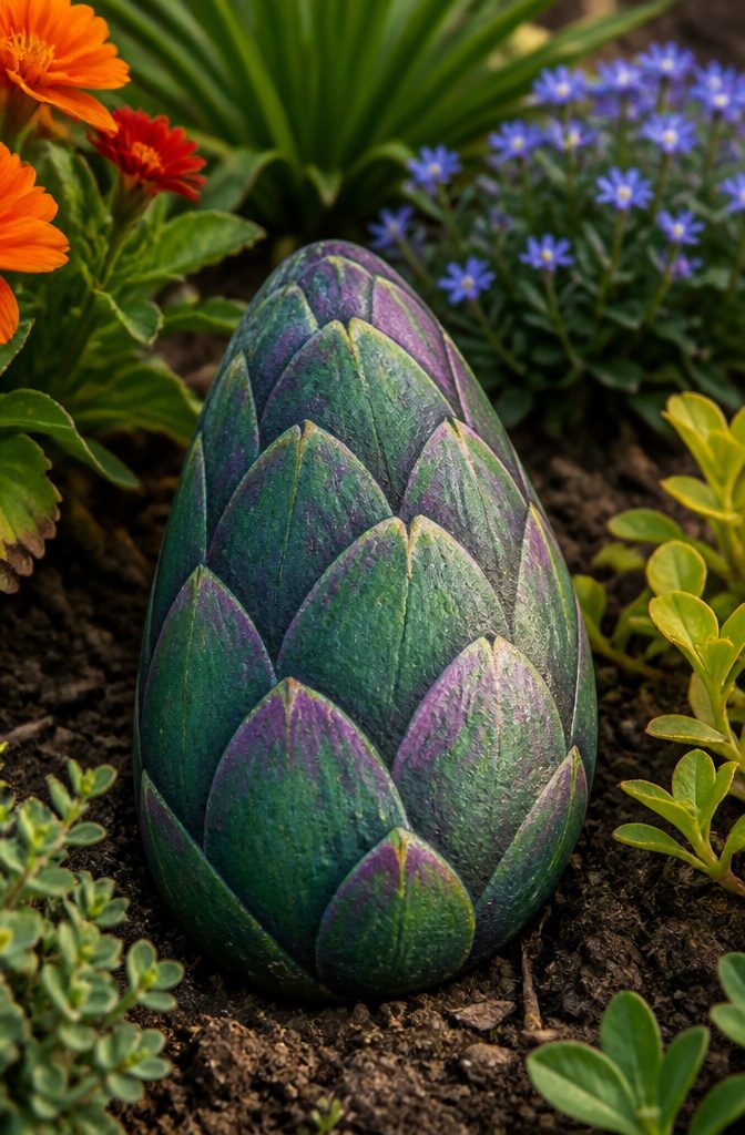 A teardrop stone painted in dark green and purple to resemble an artichoke.