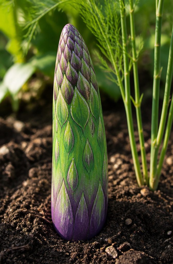 A narrow stone painted in green and purple to represent asparagus.