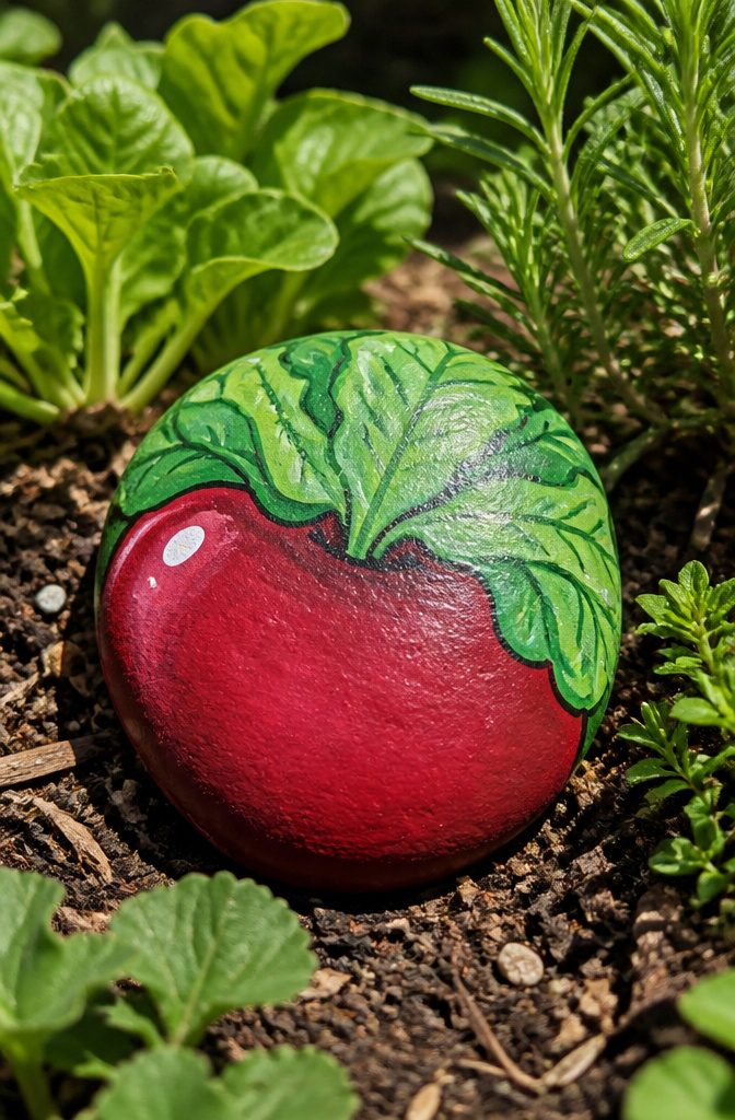 A round stone covered in red paint with green on top representing a beet.