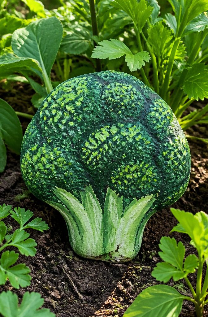 A textured stone painted dark green to represent broccoli.