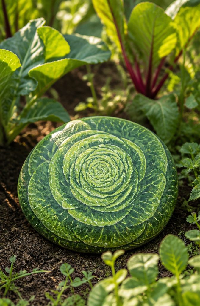 A round stone painted in shades of green to represent cabbage.