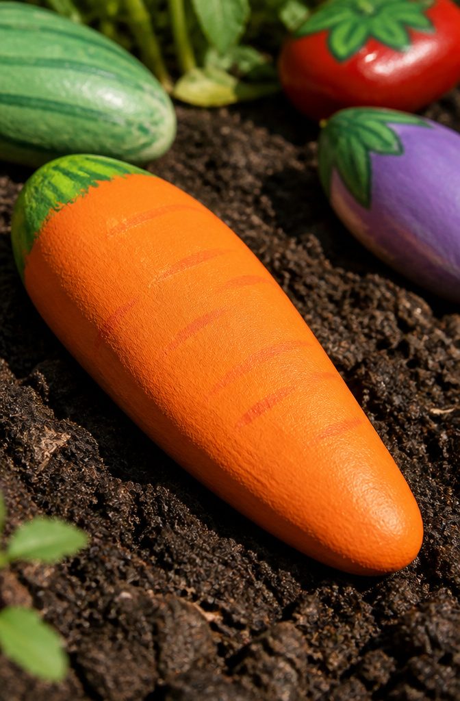 A smooth, elongated stone painted orange with green on one end.