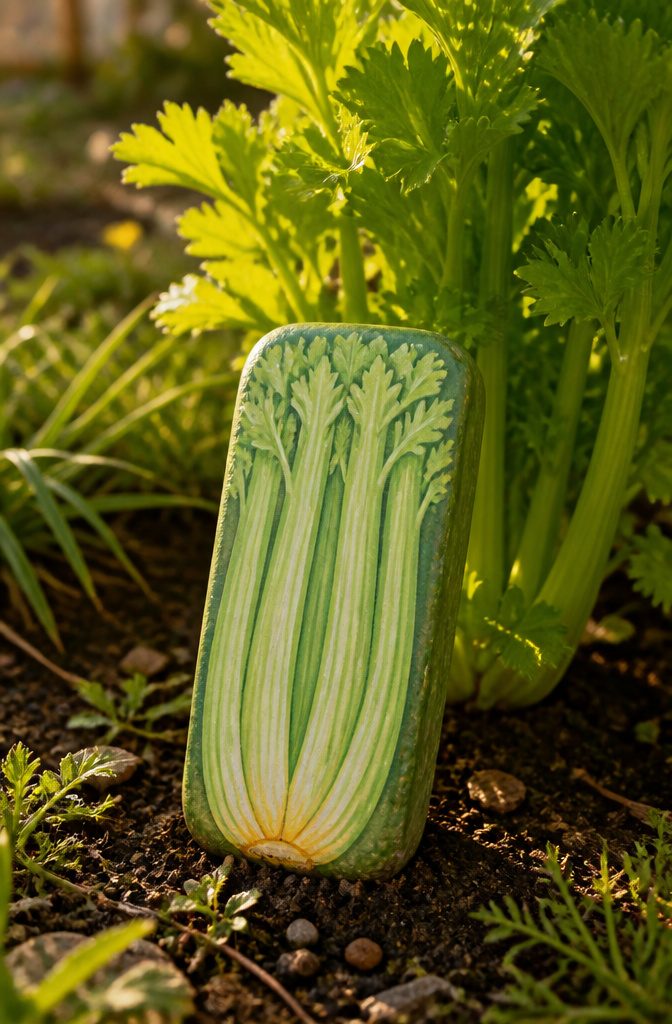 A flat stone painted in green and white to resemble celery stalks.