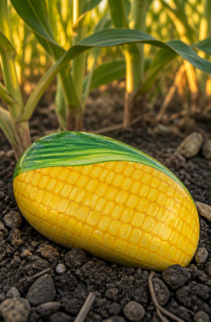An oblong stone painted yellow with a green top representing corn.