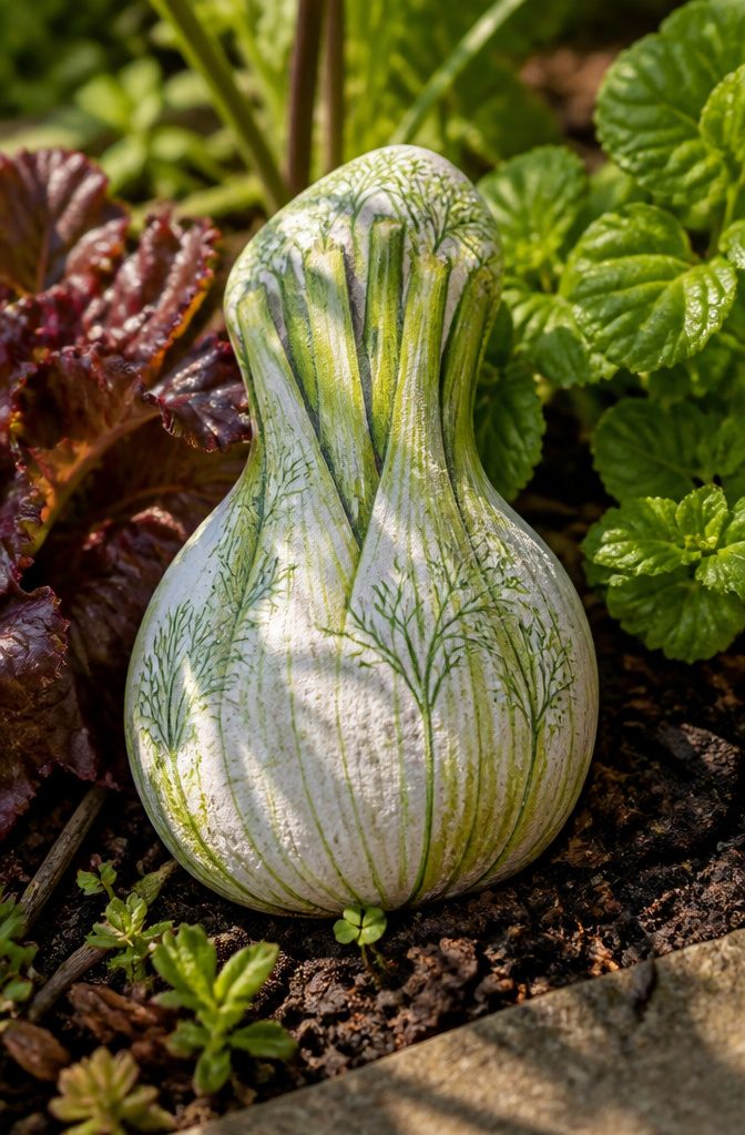 A rounded stone painted pale green and white to resemble fennel.