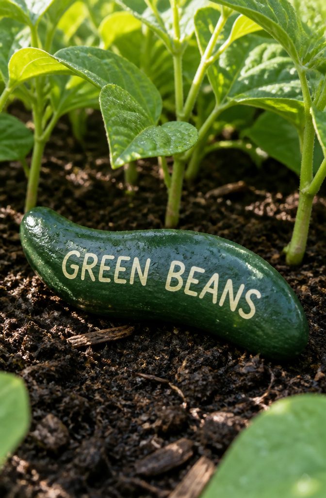 A slightly curved stone covered in deep green paint representing a green bean.