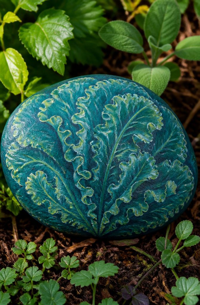 A stone painted dark green with textured edges representing kale.