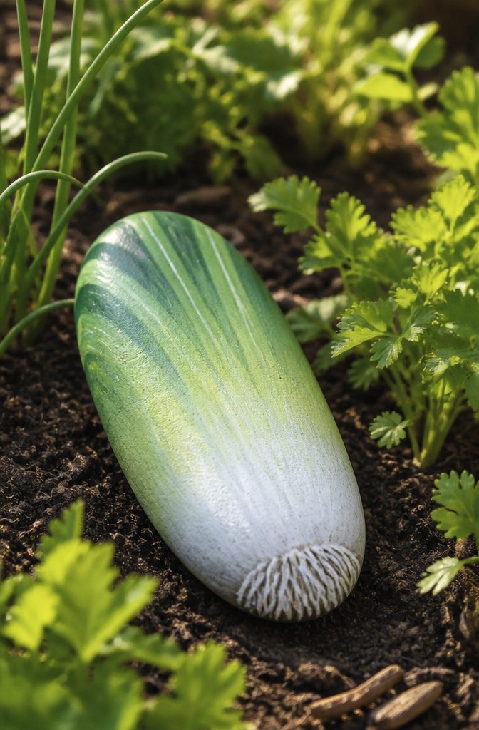 An oval stone painted white and green to resemble a leek.