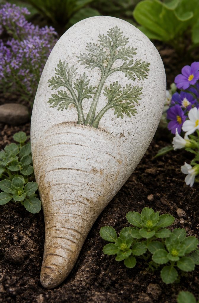 A stone painted cream and green to resemble a parsnip.