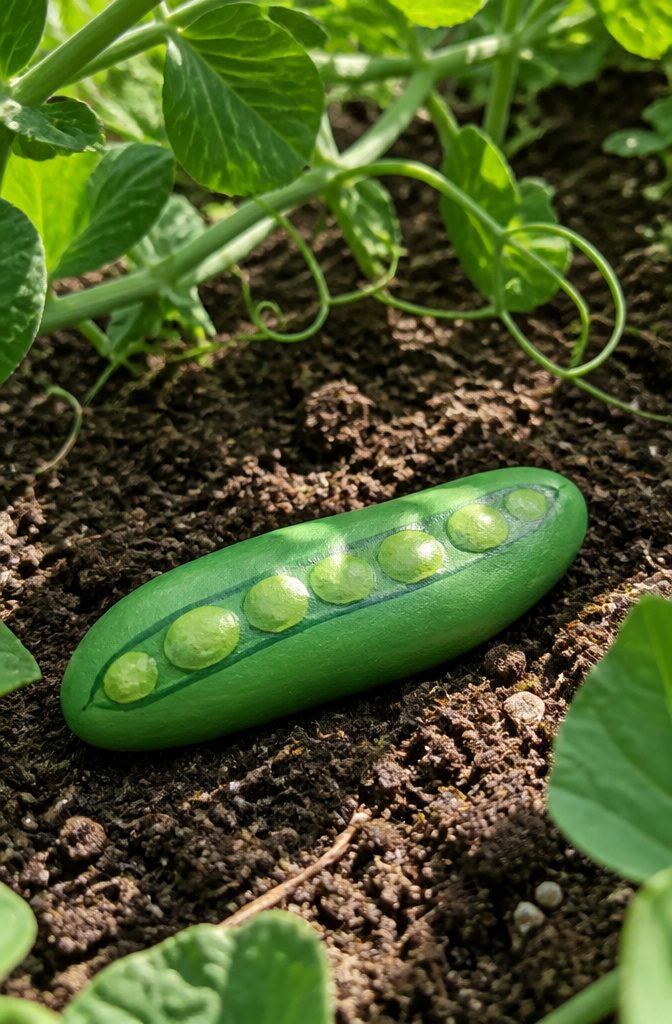 A long, narrow stone painted green with a dark seam line down the center.