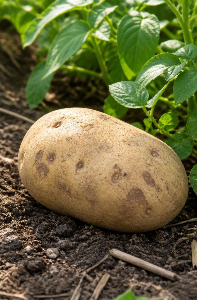 A lumpy stone painted tan and brown to resemble a potato.