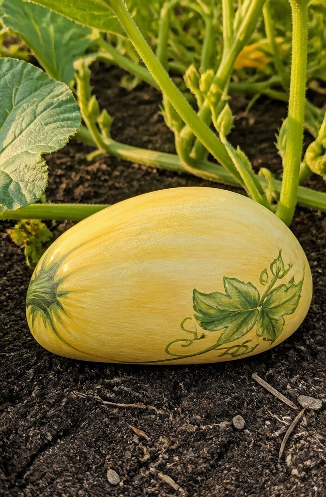 A flat stone covered in yellow paint with a green stem at one end.
