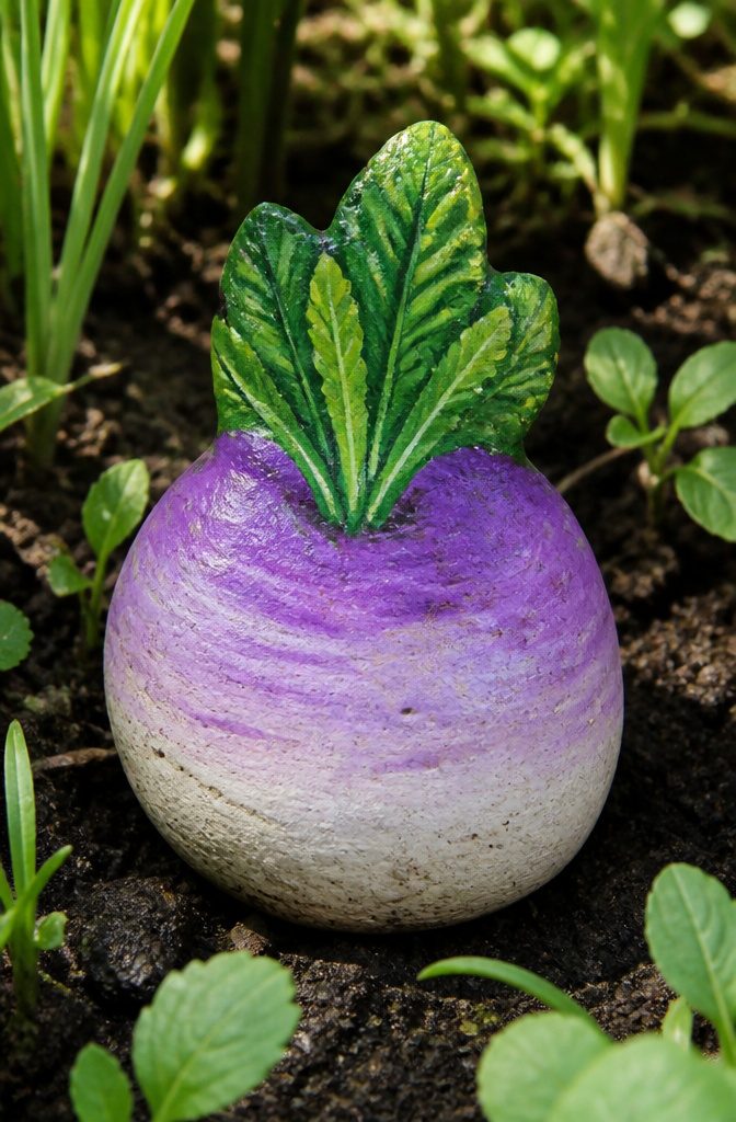 A stone painted white on the bottom and purple on the top to represent a turnip.