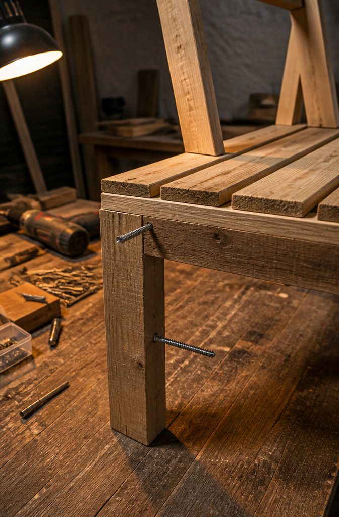 Close-up of screws being driven into the pallet seat.