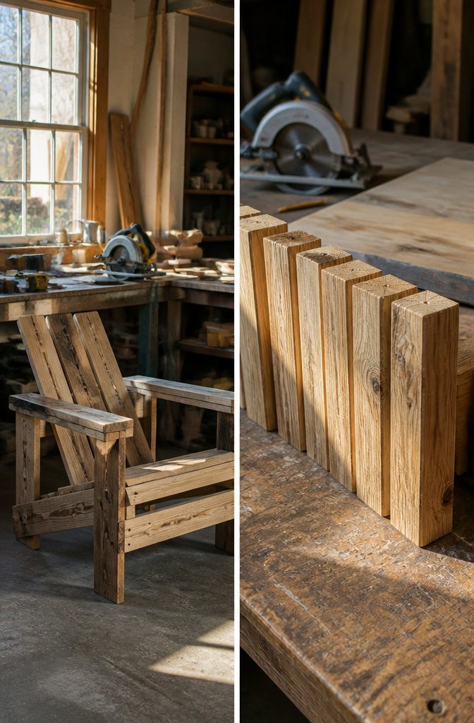 Cutting wood to size for chair legs on a work surface.