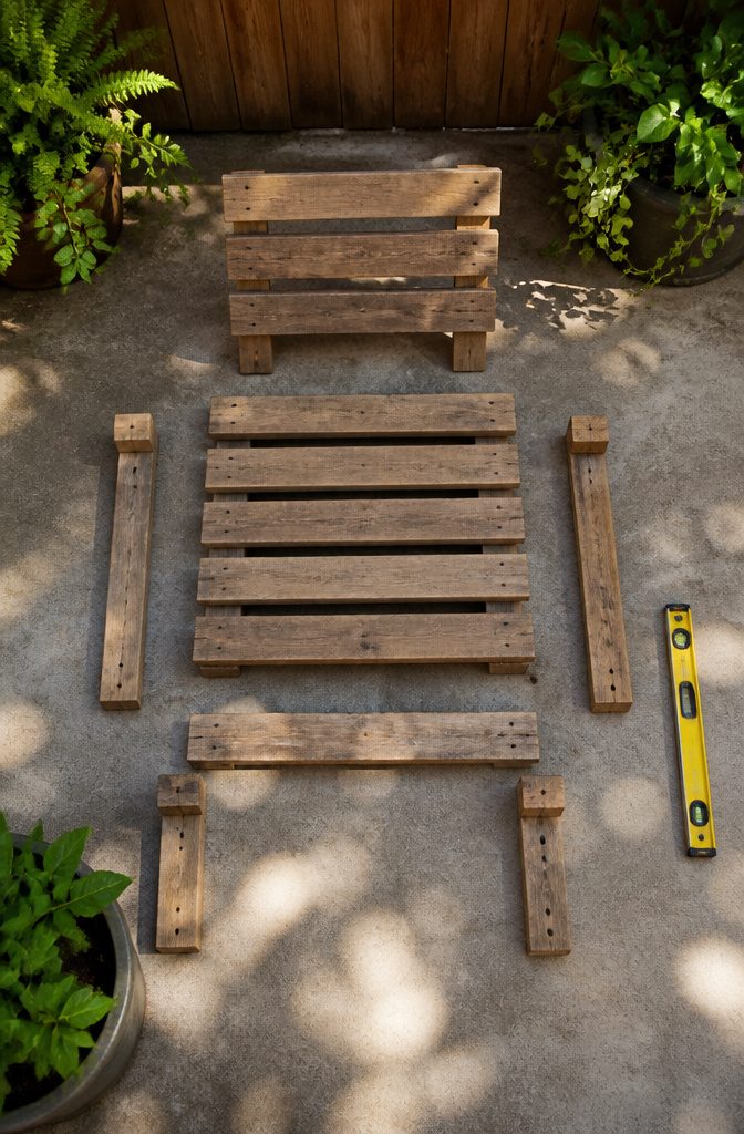 Pallet chair components laid out for a dry fit on the patio.