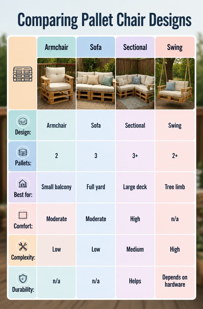 Five different pallet chair designs showcased side by side.