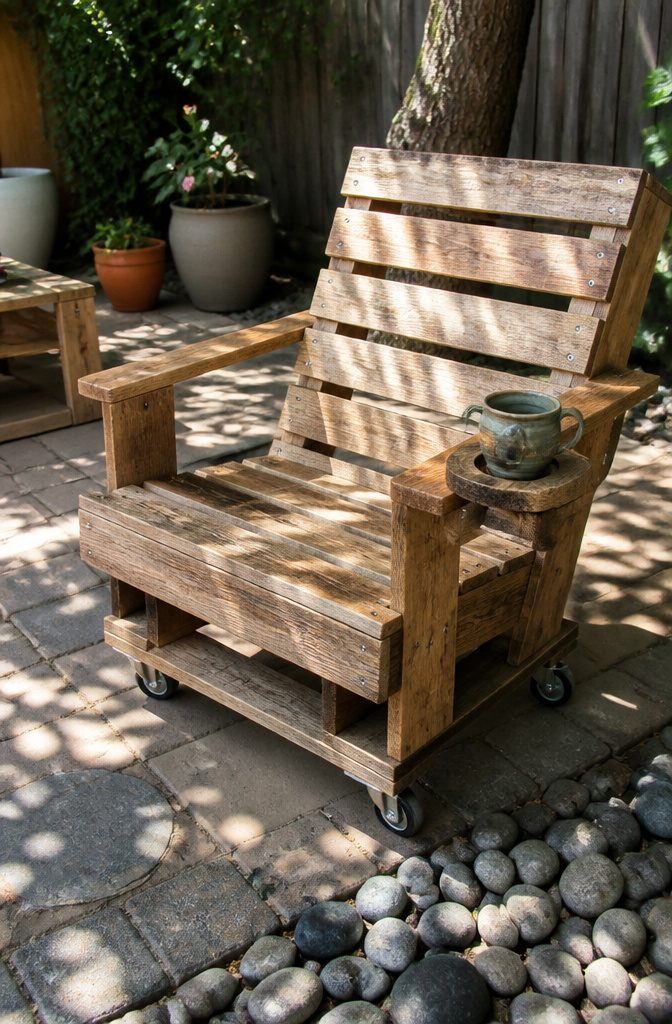 Pallet chair with a cup holder and wheels attached.