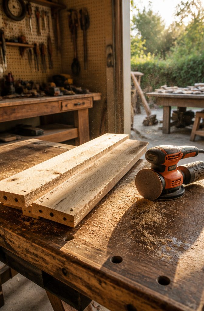 Sanded pallet boards resting on a workbench with sawdust.