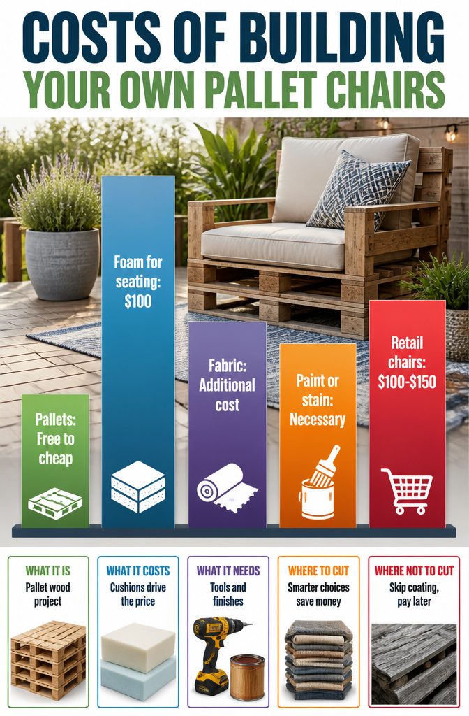 Cost breakdown for building pallet chairs displayed on a chart.