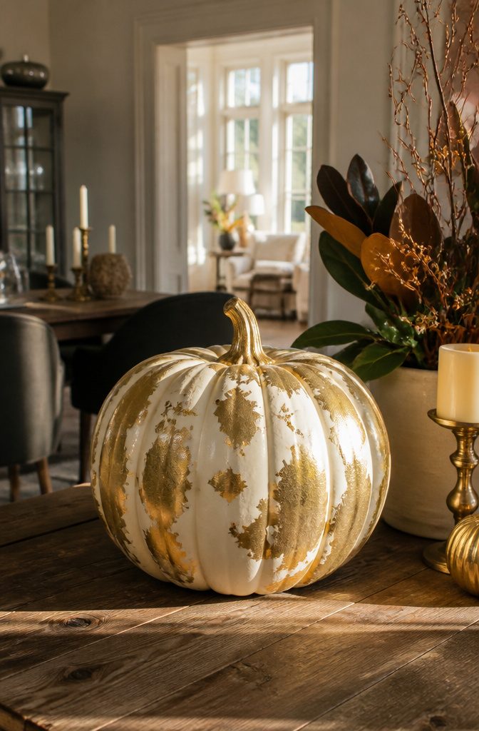 Pumpkin adorned with gold leaf patches on its surface.
