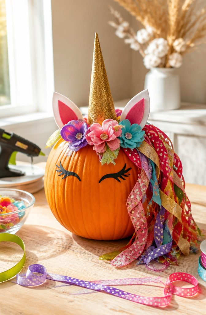 Pumpkin styled as a unicorn with a horn and ribbon mane.