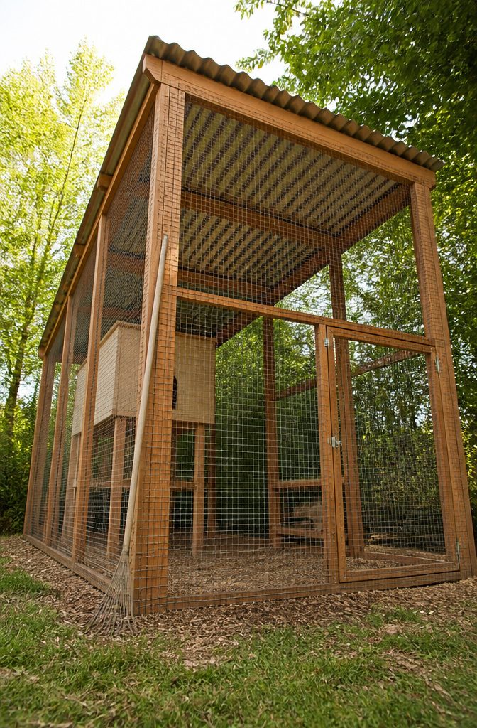 A walk-in aviary designed for rabbits with a solid roof.