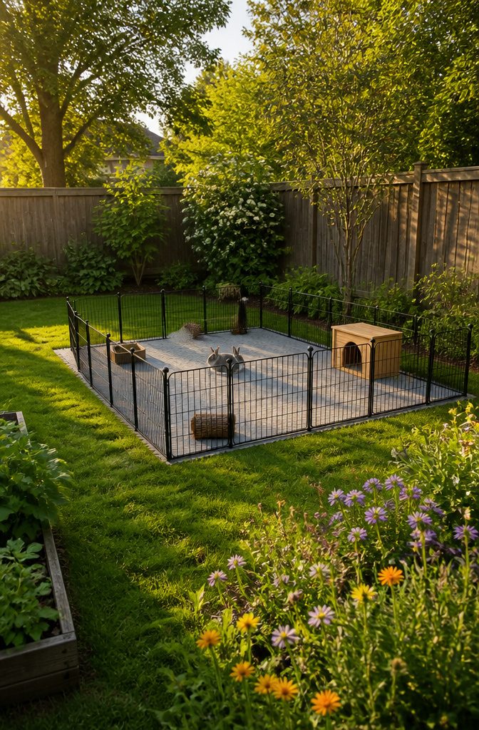 Modular wire panels forming an exercise pen for rabbits.
