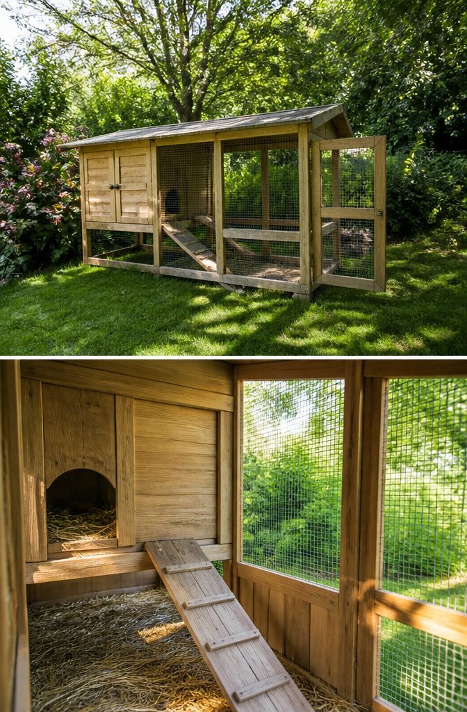 A raised wooden hutch attached to a ground-level wire run.