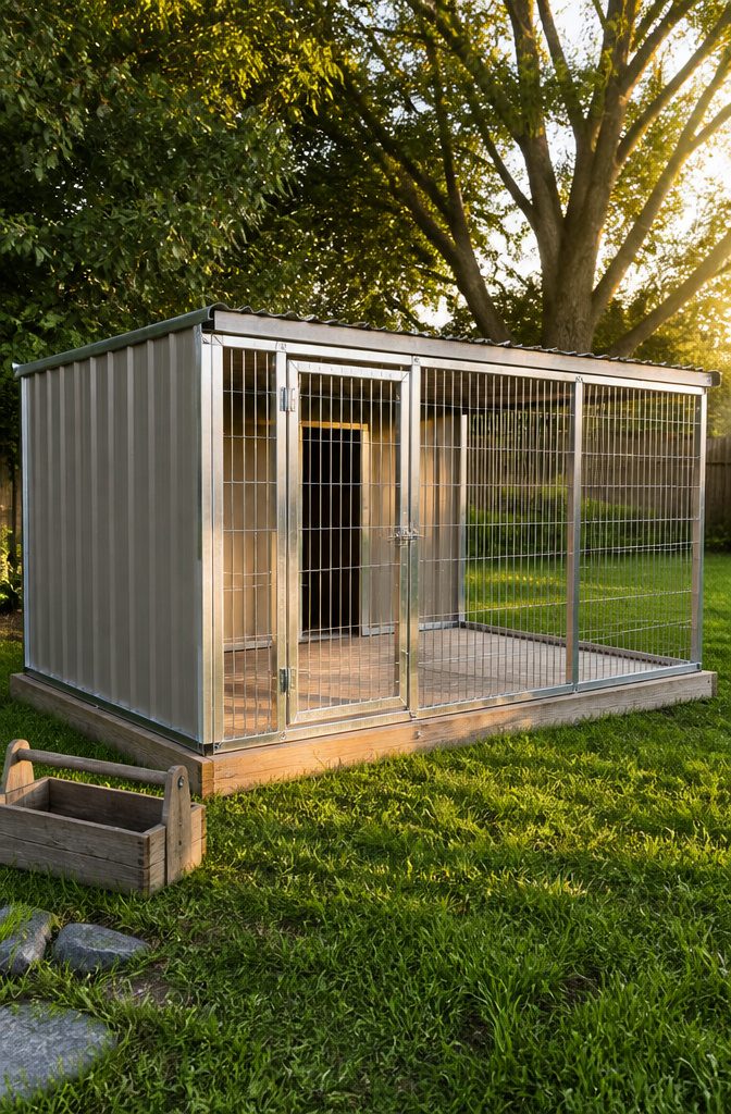 A prebuilt dog kennel with an attached exercise run for rabbits.